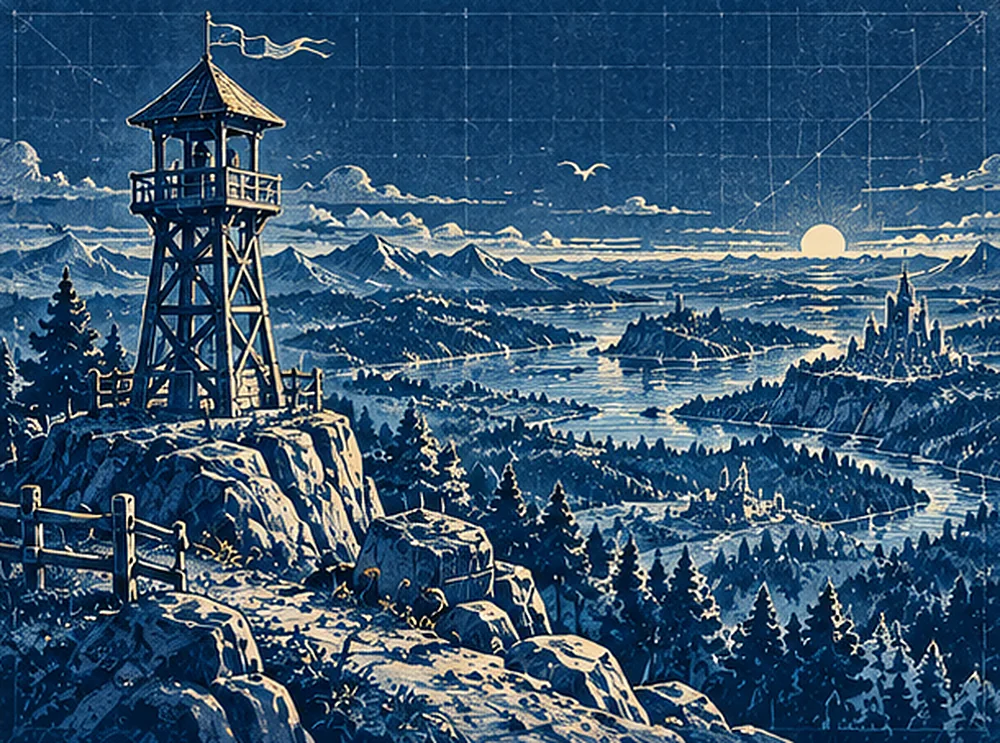 Blueprint illustration of a lookout tower above a wide valley